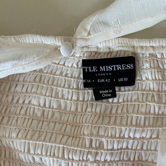 Little Mistress floor length dress, size 14, ivory w dots, puff sleeves - Picture 2 of 7